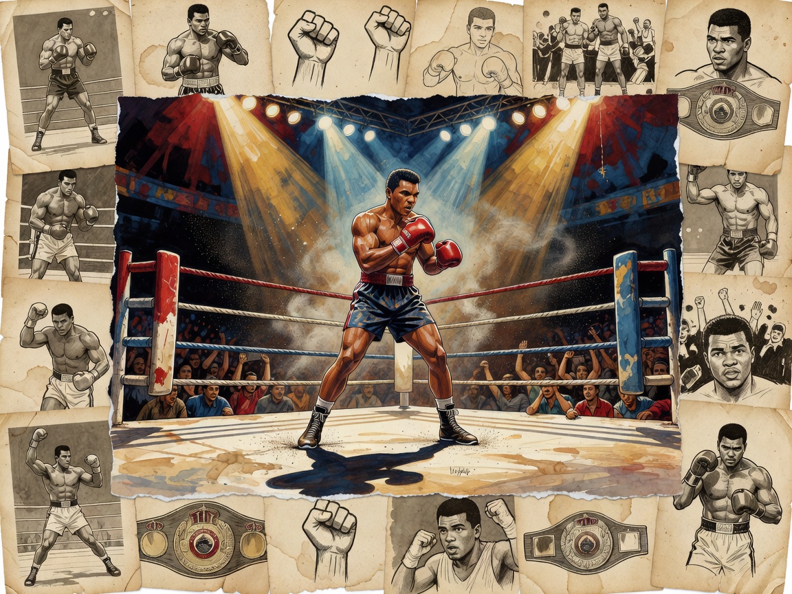 Illustrated boxing ring and biography pages representing Ali: A Life