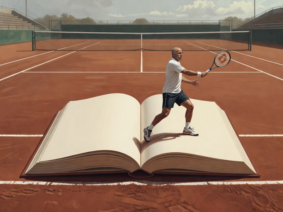 Illustrated tennis baseline and open book representing Open by Andre Agassi