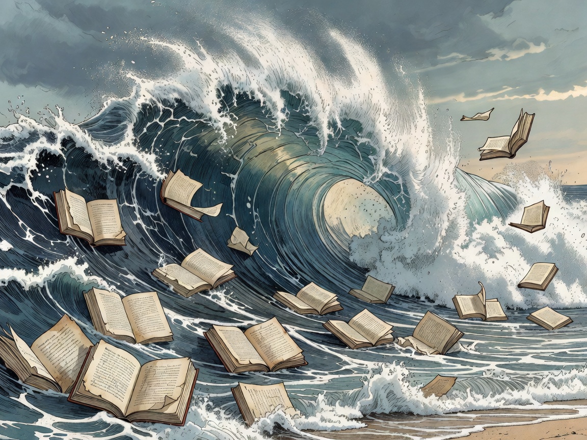 Illustrated breaking wave and memoir pages representing Barbarian Days by William Finnegan