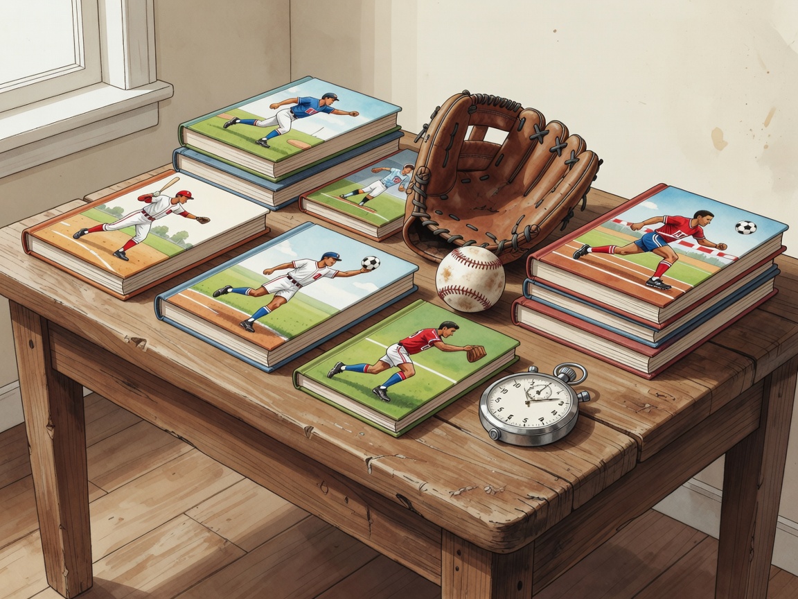 Illustrated table of sports biography books with a ball, glove and stopwatch