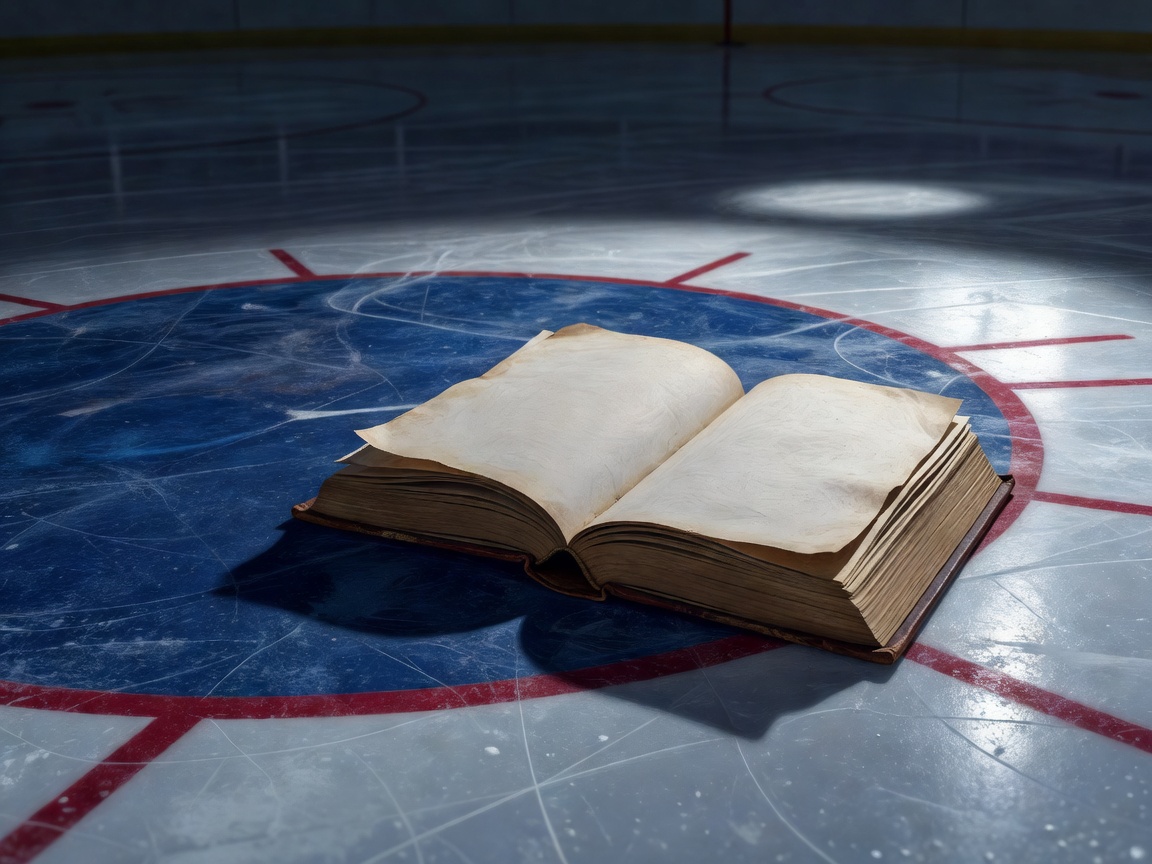 Illustrated ice hockey crease and open memoir representing The Game by Ken Dryden